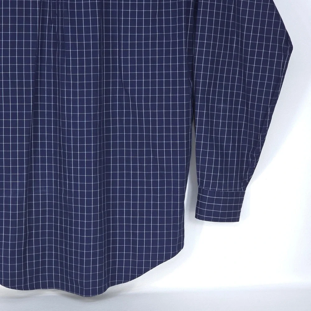 LL Bean Button Down Shirt Mens Large Navy Blue Check Long Sleeve Office Business - Picture 15 of 15